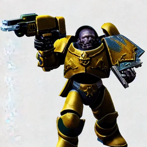 Image similar to chaos space marine shooting his bolter, ultra realistic, octane render