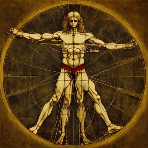 Image similar to super sentai vitruvian man by leonardo da vinci and james jean, renaissance