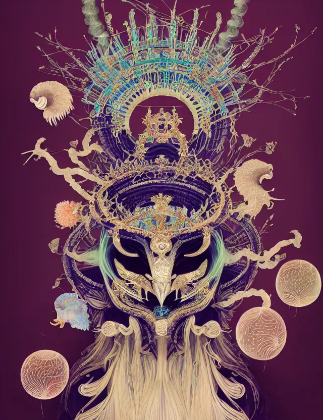 Image similar to goddess macro close - up portrait with crown, ram skull. beautiful intricately detailed japanese crow kitsune mask and clasical japanese kimono. betta fish, jellyfish phoenix, bioluminescent, plasma, ice, water, wind, creature, artwork by tooth wu and wlop and beeple and greg rutkowski