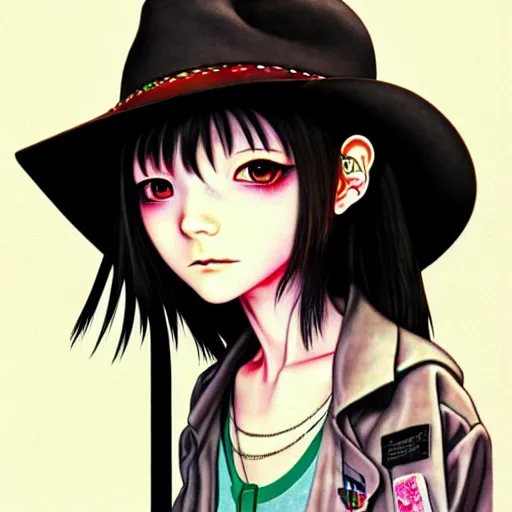 Prompt: full view of girl from serial experiments lain, with tattoos, wearing cowboy hat, style of yoshii chie and hikari shimoda and martine johanna, highly detailed