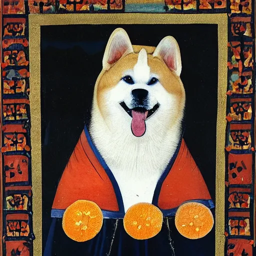 Prompt: akita inu dog dressed as a queen in a dress with orange slices pattern, medieval painting