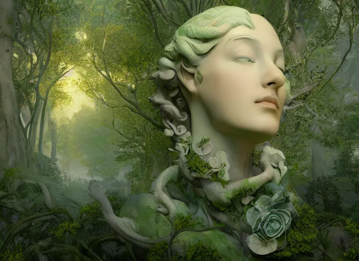 Image similar to a portrait of idealistic marble statue with fractal flowery hair and fair porcelain face and green eyes, in a magical forest, painted by, mc escher, gordon onslow ford, georgia o'keeffe and ivan aivazovsky, cinematic light, god rays, colourful, watercolour, unreal engine, zbrush central,