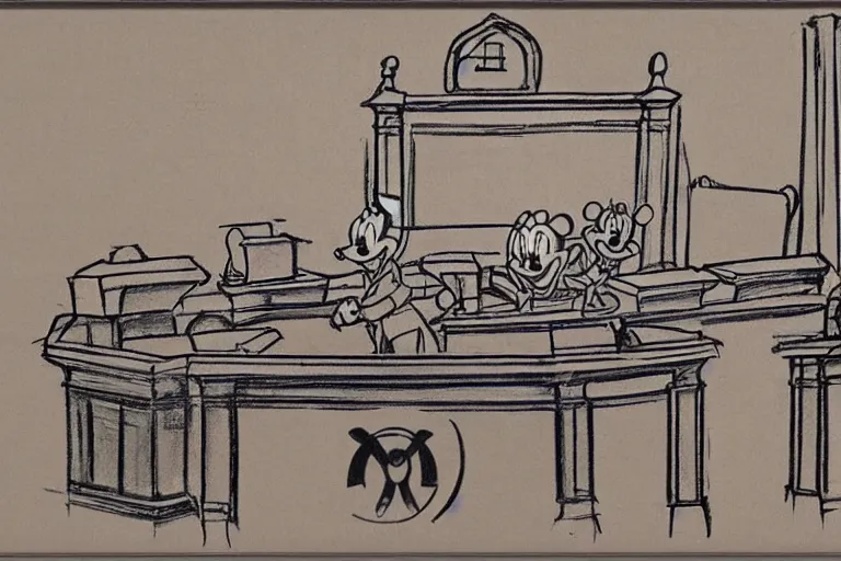 Image similar to detailed background courtroom sketch of vintage disney character mickey mouse presenting evidence of copyright infringement to the judge bench court room wooden serious dark tone vintage early cel animation