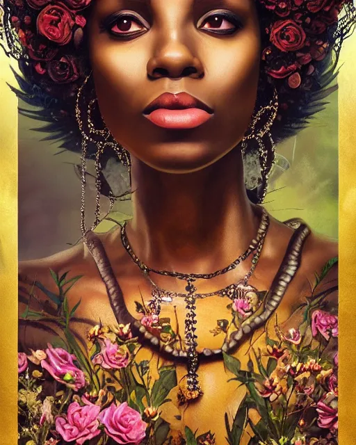 Prompt: portrait of the black african queen of the underworld, surrounded by flowers by karol bak, james jean, tom bagshaw, rococo, sharp focus, trending on artstation, cinematic lighting, hyper realism, octane render, 8 k, hyper detailed.