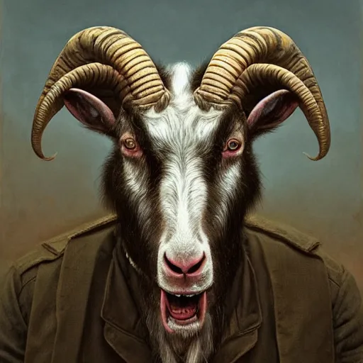 Prompt: vladimir putin is anthropomorphic goat hybrid, face of putin macabre, horror, by donato giancola and greg rutkowski and wayne barlow and zdzisław beksinski, digital art