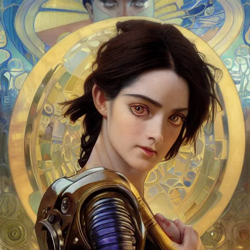 Prompt: Masterpiece portrait of battle angel Alita drawn by Donato Giancola and Tom Bagshaw, face by Artgerm and Edmund Leighton, Alphonse Mucha, background by James Jean and Gustav Klimt, 4k, robotic body, volumetric Lighting, porcelain skin, komorebi, french nouveau, trending on pixiv, octane render, hyperrealistic