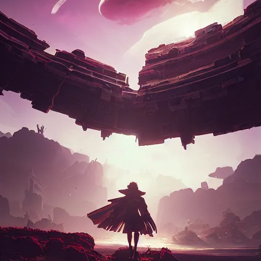 Image similar to beautiful landscape, nier automata, protoss temple, machine planet, pink sun, advanced technology, cinematic lighting, highly detailed, masterpiece, art by bastien grivet