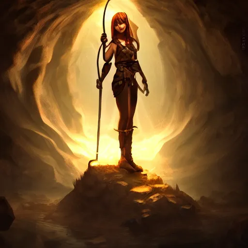 Prompt: a epic hero adventurer holding a torch in a dark cave, artgerm, realistic, cryengine, symmetric