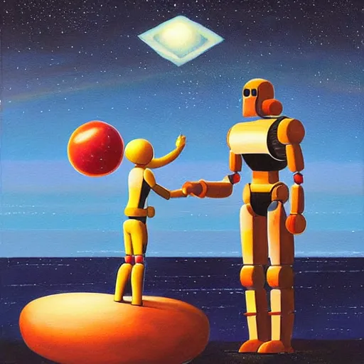 Image similar to a painting by ralph mcquarrie of floating molecules and a robot artist holding an icosahedron with stars, clouds, and rainbows in the background, trending on artstation, masterpiece, incredible details