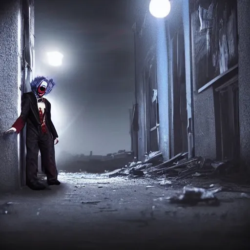 Prompt: epic photo of a Clown Vampire in a desolate abandoned post-apocalyptic industrial city at night, moody blue lighting