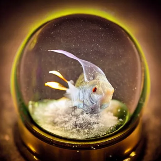 Image similar to an anglerfish inside a snow globe, award-winning photograph, trending on Facebook