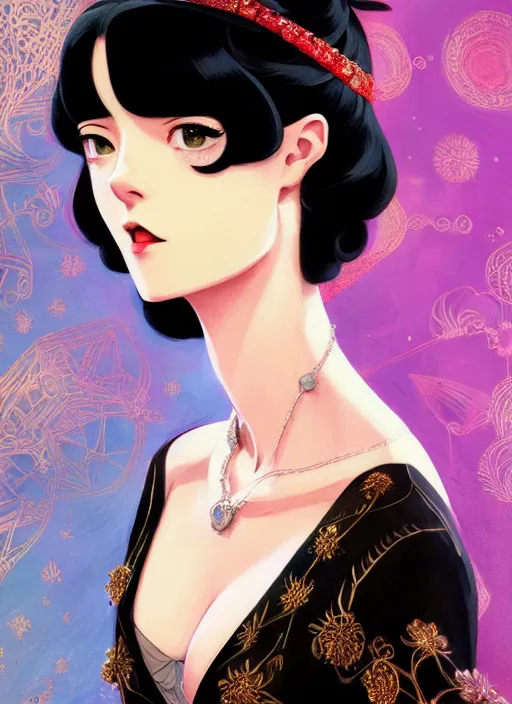 Prompt: a beautiful girl with black hair in 1920's fashion, ballroom background, intricate, highly detailed, digital painting, artstation, official media, anime key visual, concept art, rich vivid colors, ambient lighting, sharp focus, illustration, art by Artgerm, Makoto Shinkai, Ilya Kuvshinov, Lois Van Baarle, and Rossdraws