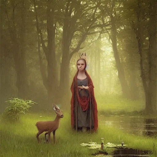 Image similar to a baby deer sniffing an old yard gnome standing by a pond. illustration, art by greg rutkowski and bouguereau and Zdzislaw Beksinski