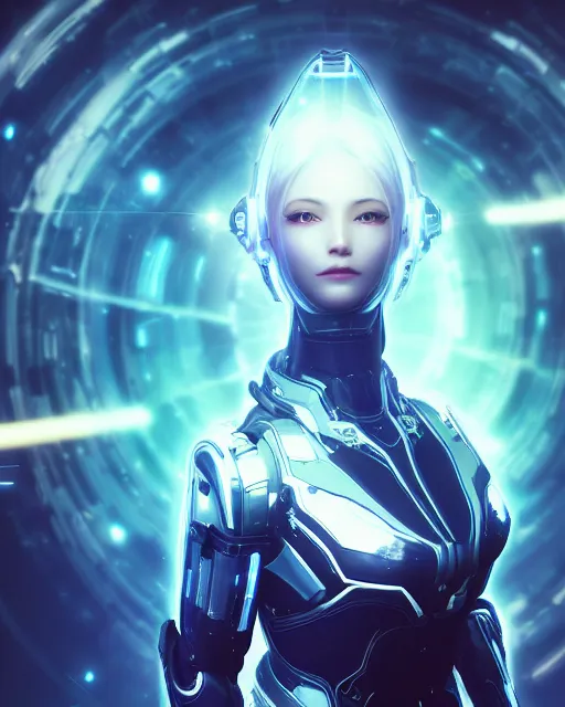 Image similar to photo of a android girl on a mothership, warframe armor, beautiful face, scifi, nebula, futuristic background, galaxy raytracing, dreamy, focused, sparks of light, pure, long white hair, blue cyborg eyes, glowing, 8 k high definition, insanely detailed, intricate, innocent, art by akihiko yoshida, antilous chao, woo kim