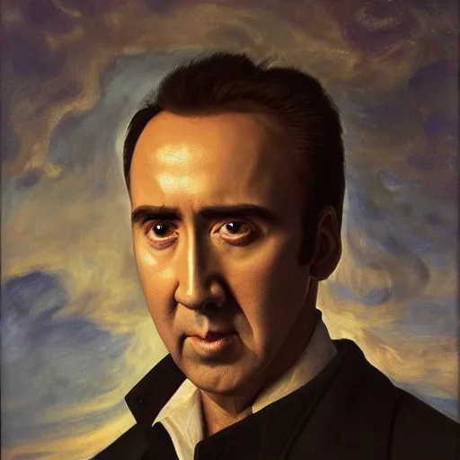 Image similar to Nicolas Cage as an Android, head and shoulders, oil on canvas, golden hour, in the world of Andrew Wyeth, artstation, by J. C. Leyendecker and Peter Paul Rubens,