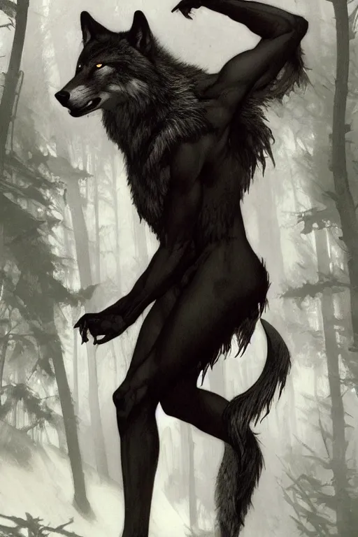 Image similar to full figure beautiful young fit antrophomorphic male wolf, bared teeth and long claws, dark scene, by greg rutkowski and alphonse mucha, d & d character, gradient black to silver, in a forest at night, highly detailed portrait, digital painting, artstation, concept art, smooth, sharp focus illustration, artstation hq