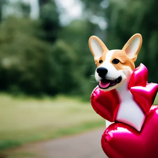 Image similar to a corgi with a heart shaped balloon, very detailed, photo by annie leibovitz, Sigma 85mm, f/1.4