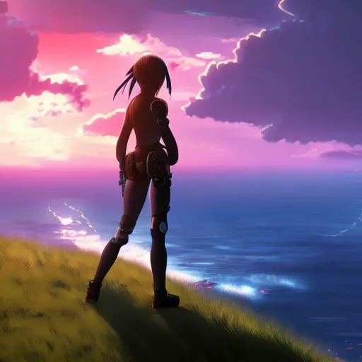 Image similar to A cyborg girl standing on the hill looking at the sea with a sunset in style of Makoto Shinkai and Cyberpunk. ArtStation, 8K, Highly Detailed, Intricate, Album Art.