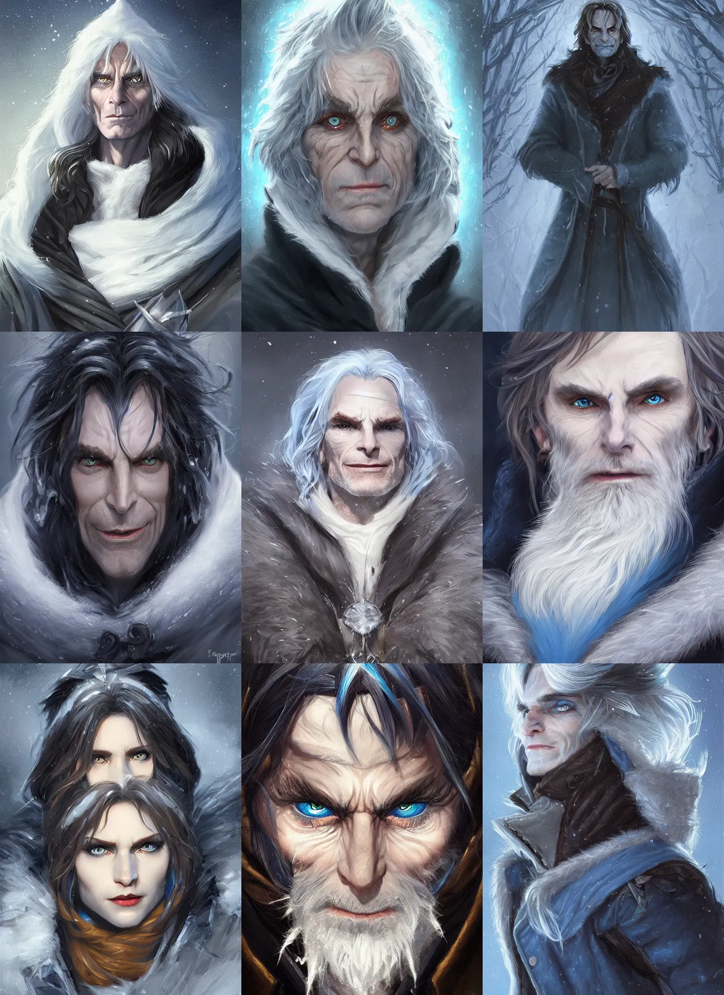 Prompt: wintry rumpelstiltskin, piercing blue - eyed stare, blackfur trim, whitecoat, d & d, fantasy, highly detailed, portrait, digital painting, trending on artstation, concept art, sharp focus, illustration, art by artgerm and greg rutkowski and magali villeneuve