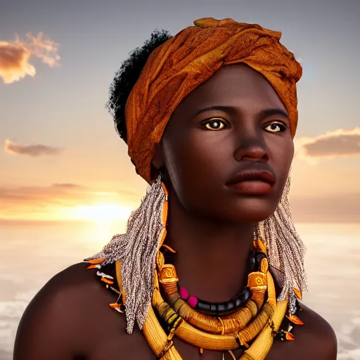 Prompt: scenic view of an African goddess, with bone necklace and honey eyes, wrapped stained clothes, full body, reflecting the sunlight in half of her face, photorealistic, 8k