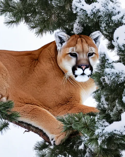 Image similar to magazine page showing 'a cougar sleeping in the middle of snowy pine tree' laying on coffee table, zoomed out shot, HD, iphone screenshot