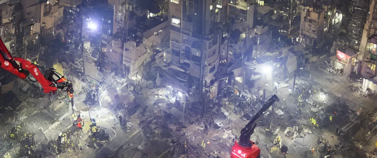 Image similar to rescue robot, disaster in the city, night, shinji aramaki