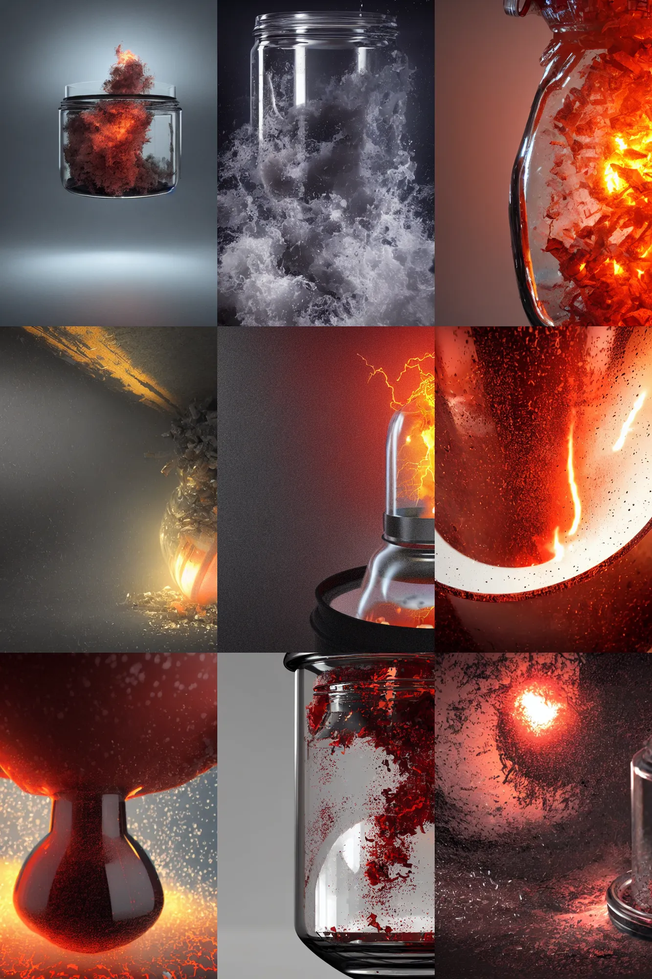 Prompt: a octane render of a violent tornado inside a jar, close - up studio photo, lighting path traced, highly detailed, high quality, hyper - realistic, max accurate,