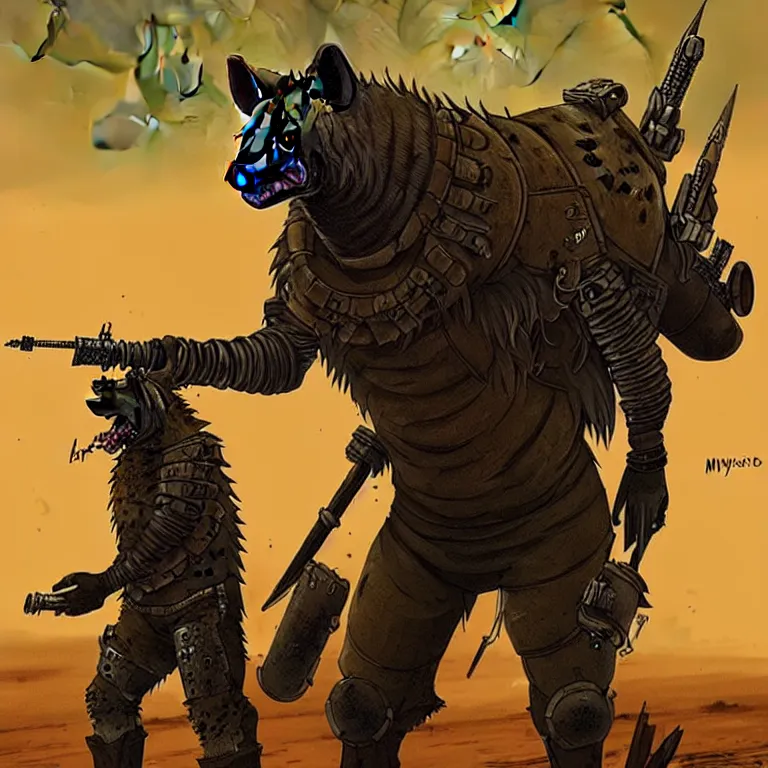 Image similar to a good ol'hyena fursona ( from the furry fandom ), heavily armed and armored facing down armageddon in a dark and gritty version from the makers of mad max : fury road. witness me.