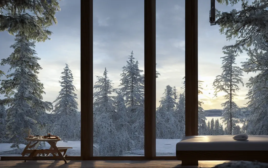 Prompt: finnish sauna exterior architectural visualization, sauna, large windows, winter scene, cozy, corona render, rendered in vray, evening light, sunset, lakeside, depth of field, mountainous landscape, pine forest, evermotion, ronen bekerman, contest winner, archviz, peter guthrie, ultradetailed, photorealistic, photoreal, mir, bertrand benoit