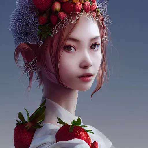 Image similar to the portrait of an absurdly beautiful, graceful, elegant, sophisticated, fashionable young gravure idol made of strawberries and white petals, an ultrafine hyperdetailed illustration by kim jung gi, irakli nadar, intricate linework, bright colors, octopath traveler, final fantasy, unreal engine 5 highly rendered, global illumination, radiant light, detailed and intricate environment