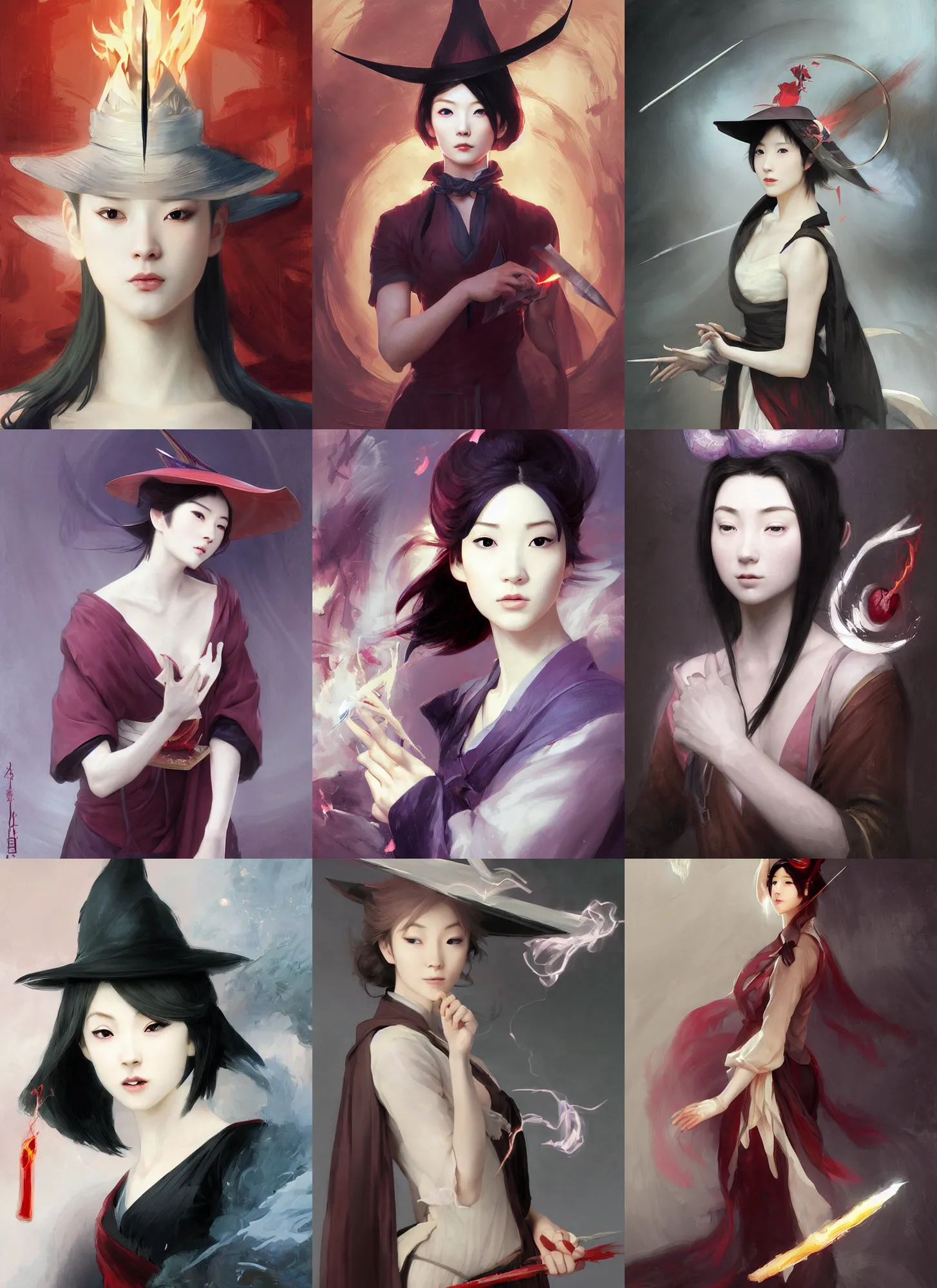 Prompt: character concept portrait of an attractive young focused japanese witch with pale skin wearing a very large pointy hat casting a spell, a floating burning love potion in hand, intricate, elegant, digital painting, concept art, smooth, sharp focus, illustration, from Metal Gear, by Ruan Jia and Mandy Jurgens and William-Adolphe Bouguereau, Artgerm