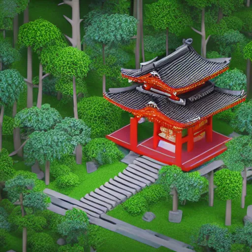 Image similar to an isometric 3 d render of a shinto shrine in the forest, isometric