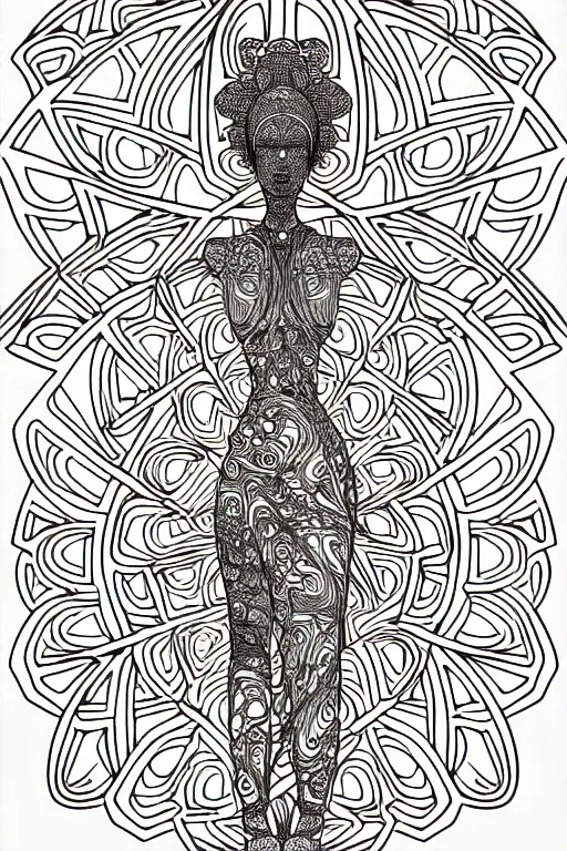 Prompt: abstract women statue ornate luxury fractal color ink drawing line art colouring page, vector, margins, fine lines, centered