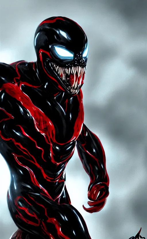 Image similar to venom in a venom inspired ironman suit, black and red, dynamic lighting, photorealistic fantasy concept art, trending on art station, stunning visuals, terrifying, creative, cinematic