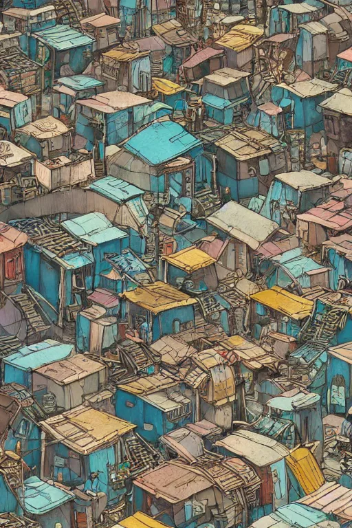 Prompt: up-shot of a scifi shanty town favela Street scenery with color full metal rooftops and wooden and concrete walls, intricate Details, illustration , in the style of Studio ghibli, tekkon kinkreet, akira, breath of the wild, myazaki, anime, clean render, denoise, rule of thirds