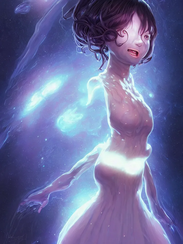 Prompt: azathoth girl very slightly smiling, dress made out milky way, full body, occlusion shadow, specular reflection, rim light, unreal engine, artgerm, artstation, art by hiroaki samura and ilya kuvshinov and ossdraws, intricate, highly detailed 8 k, cosmic horror illustration, extremely beautiful shape of face and body