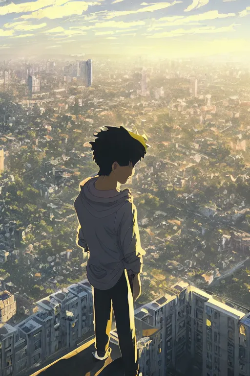 Prompt: depressed boy in black adidas sportswear looking atop of a urban plateau filled with detailed soviet apartment buildings, golden hour, dreamy, beautiful clouds, ultra detailed beautiful lighting, birds, light rays, wallpaper, suburbs, beautiful artwork by Makoto Shinkai, 32k