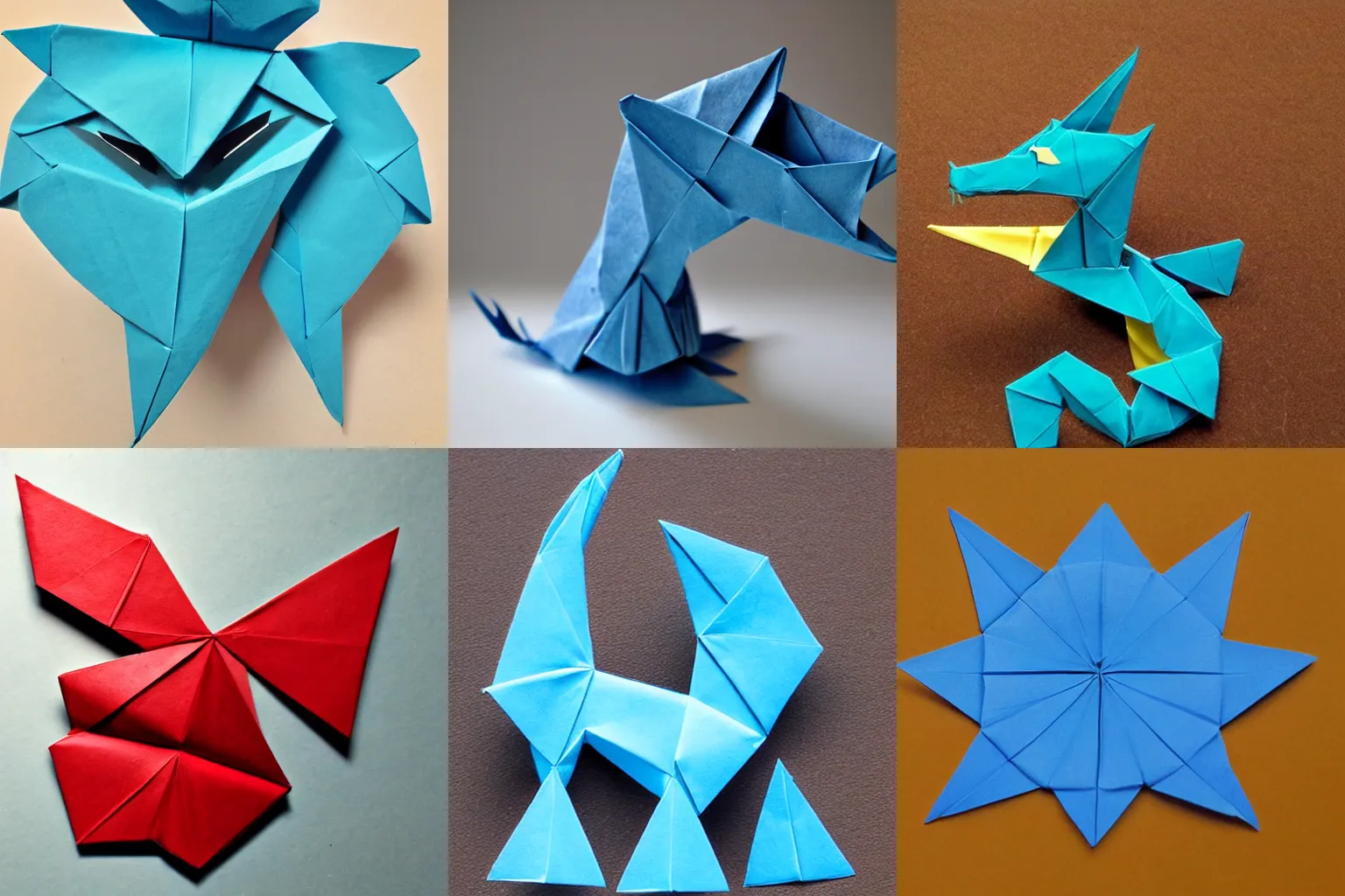 Prompt: an origami dragon, the paper is blue,