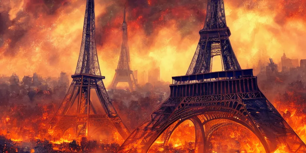 Image similar to the eifel tower gets hit by an asteroid, multiple asteroids are in the air, paris in the background is burning, apocalyptic, highly detailed, 4 k, digital paintin, sharp focus, tending on artstation