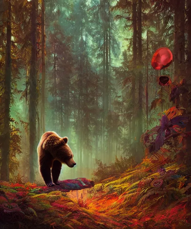 Prompt: a realistic brown bear, walking through a psychedelic forest, wide angle landscape shot, pixar style by tristan eaton, artgerm and tom bagshaw