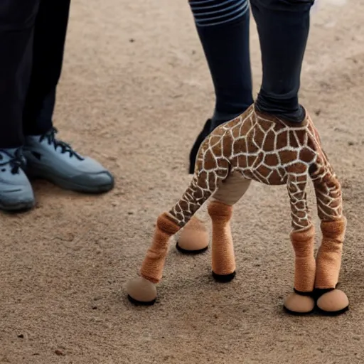 Image similar to a giraffe with human legs and hairy feets