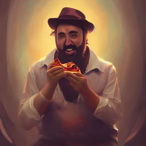 Image similar to pavarotti eating pizza, huggy wuggy from poppy playtime video game, fullbody, ultra high detailed, oil painting, greg rutkowski, charlie bowater, yuumei, yanjun cheng, unreal 5, daz, hyperrealistic, octane render, rpg portrait, dynamic lighting, fantasy art, beautiful face