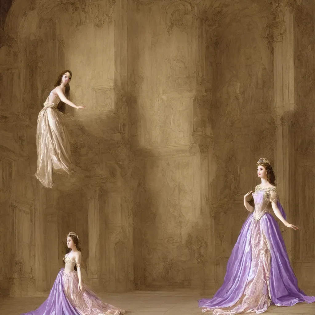 Prompt: A high detaile digital art of a princess standing alone in a corridor of the royal palace, the princess is bowing with the following pose, bowing her head slightly and holding the ruffles of her skirt, her dress is lavender and she wears a tiara adorned with emerald crystals, her hair is long and straight, natural morning light