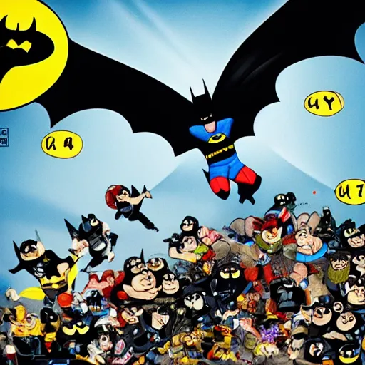 Image similar to batman fighting a large number of minons, 4 k