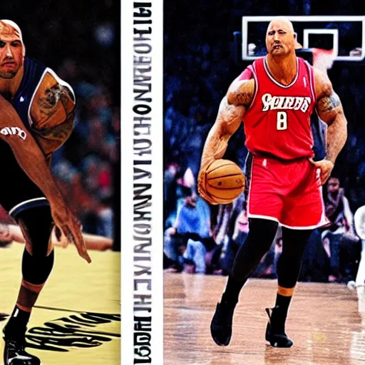 Prompt: a sport shot Dwayne Johnson as NBA player