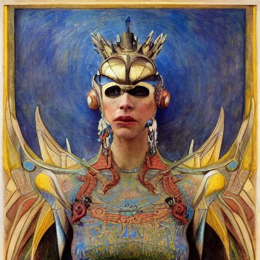 Image similar to the robot queen with her bird mask, by annie swynnerton and diego rivera and elihu vedder, symbolist, dramatic lighting, elaborate geometric ornament, art brut, soft cool colors, smooth, sharp focus, extremely detailed, adolf wolfli and donato giancola