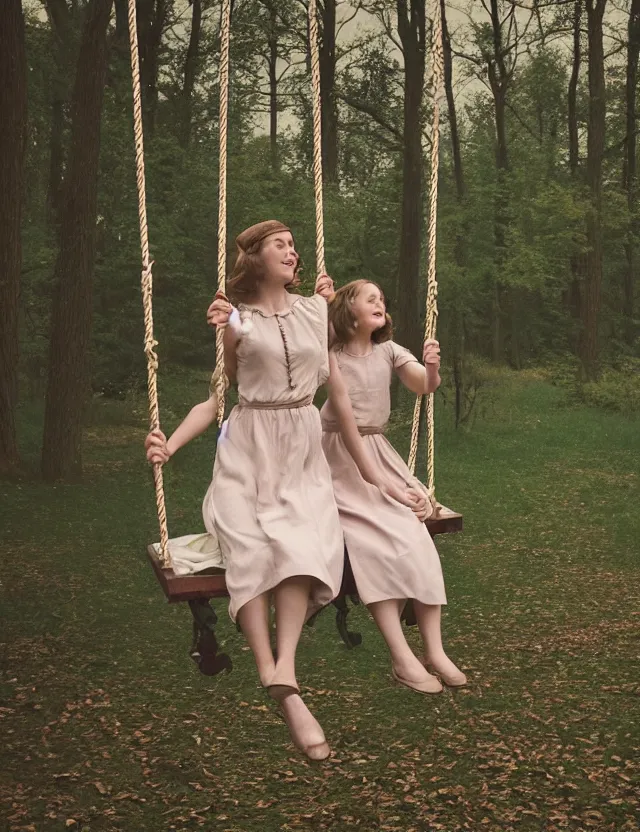 Image similar to two girls in vintage dresses happily swing on hanging swings in the forest, motion photo, Cottage core, Cinematic focus, Polaroid photo, vintage, neutral colors, soft lights, foggy, by Steve Hanks, by Serov Valentin, by lisa yuskavage, by Andrei Tarkovsky, by Terrence Malick, by Krenz Cushart, 8k render, detailed, oil on canvas