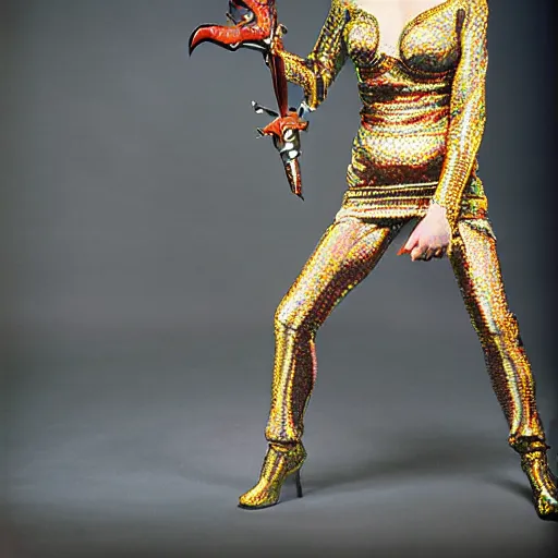 Prompt: klingon with telescopic limbs dressed in glam clothing, photo by cindy sherman