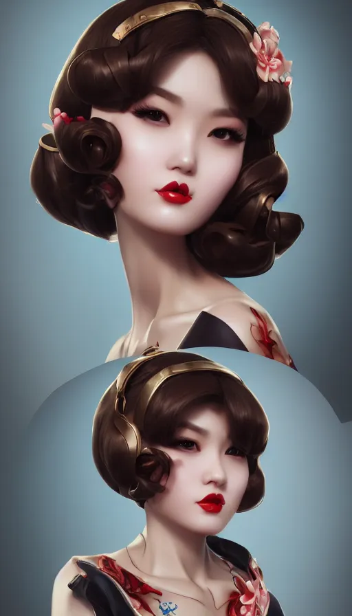 Image similar to a pin up and beautiful fashion and charming and dreamlke asian girl, lv jewelry, art by artgerm & jeehyung lee & wlop, hyperdetailed, 8 k realistic, symmetrical, frostbite 3 engine, cryengine, dof, trending on artstation, digital art