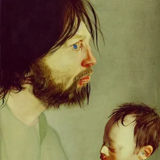 Image similar to thom yorke from radiohead devours his son, goya painting